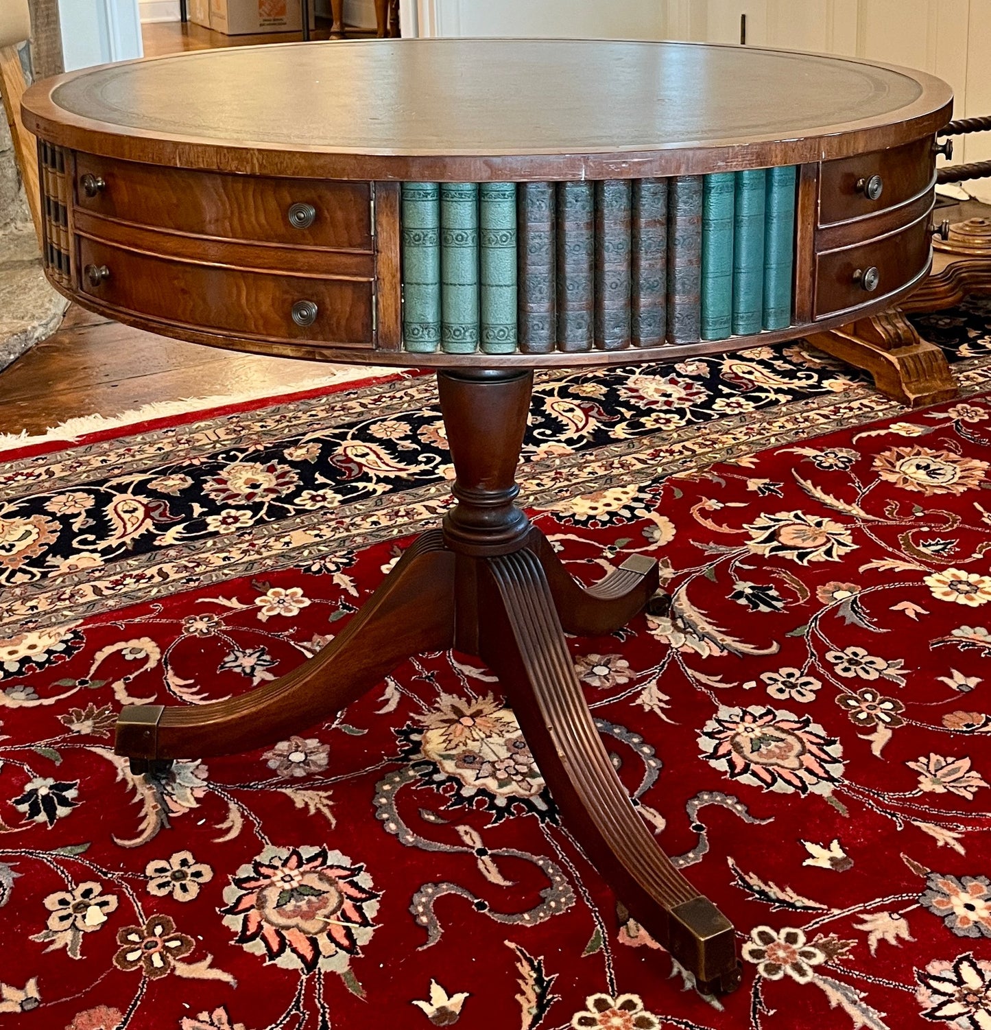 Sheraton Style Revolving Leather Topped Drum Table With Faux Books & Brass Casters