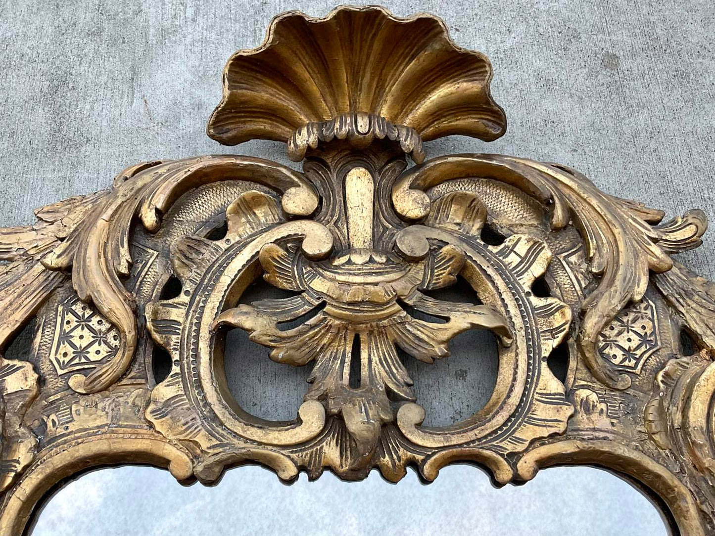 Antique Large Carved Gilt Wood Rococo Mirror with Clamshell Crest
