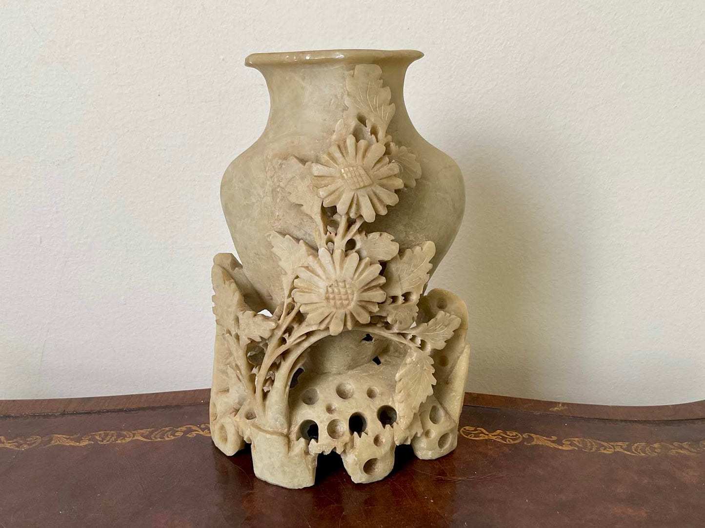 Vintage Hand Carved Soap stone vase with floral detail.