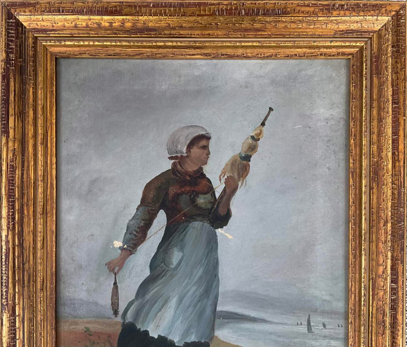 Antique and Rare Acadian Woman Spinning Yarn, Oil on Canvas, c. 1895