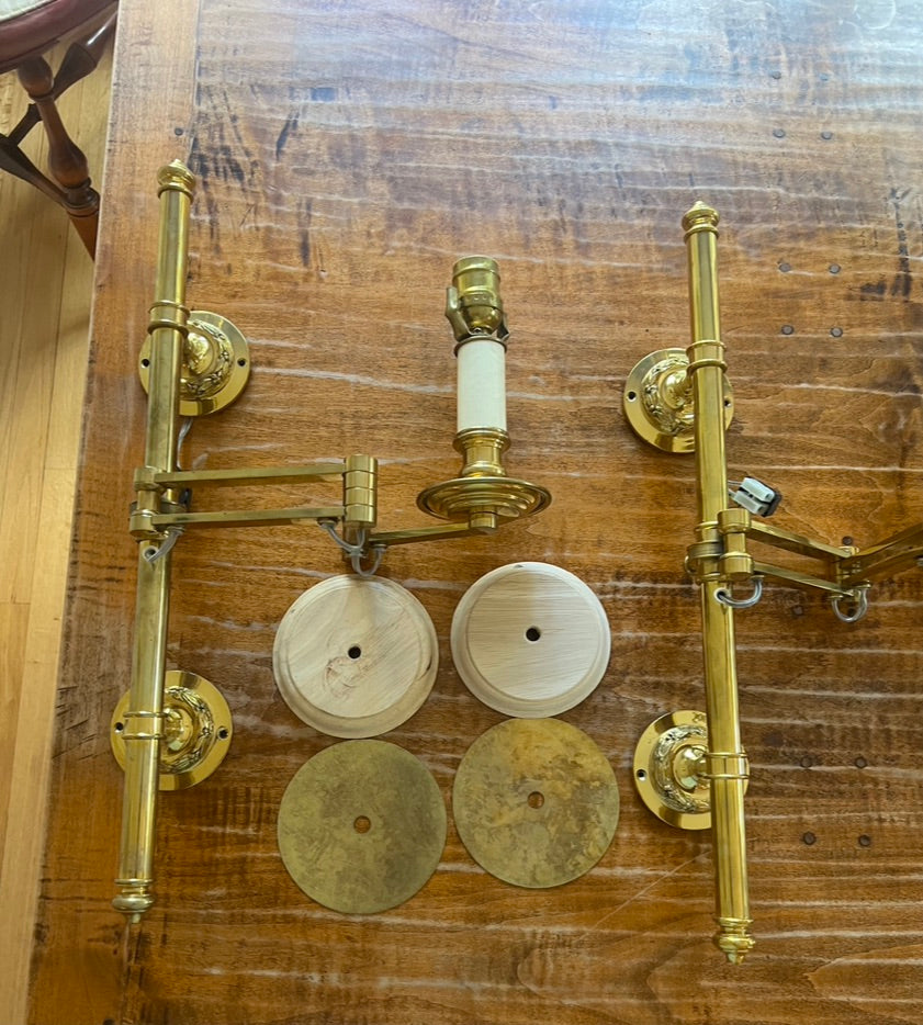 Fantastic Extendable Brass Wall Sconces - With Brass Wall Plates & Wooden Plate Covers - Possible Maison Jansen Swing Arm Sconces