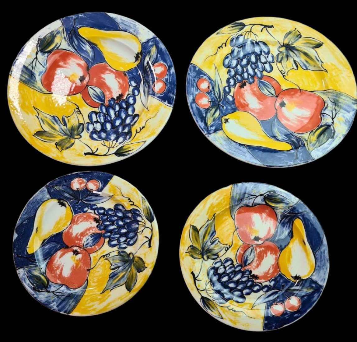 Vintage Handpainted and Glazed For Pier 1 in Italy Fruit Dinner-Salad Plates, Set of 4