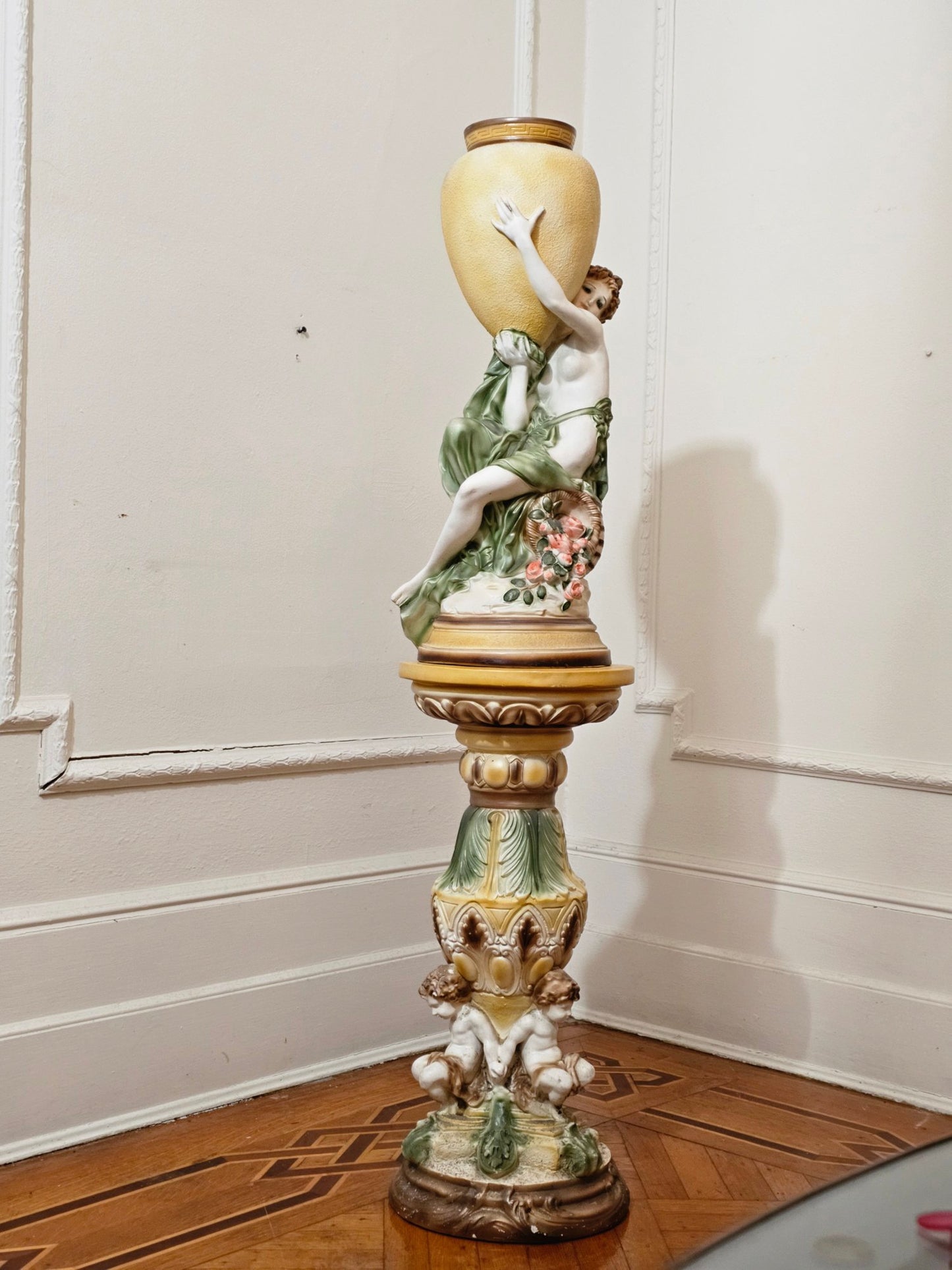 Spectacular Large Italian Plaster Pedestal And Vase