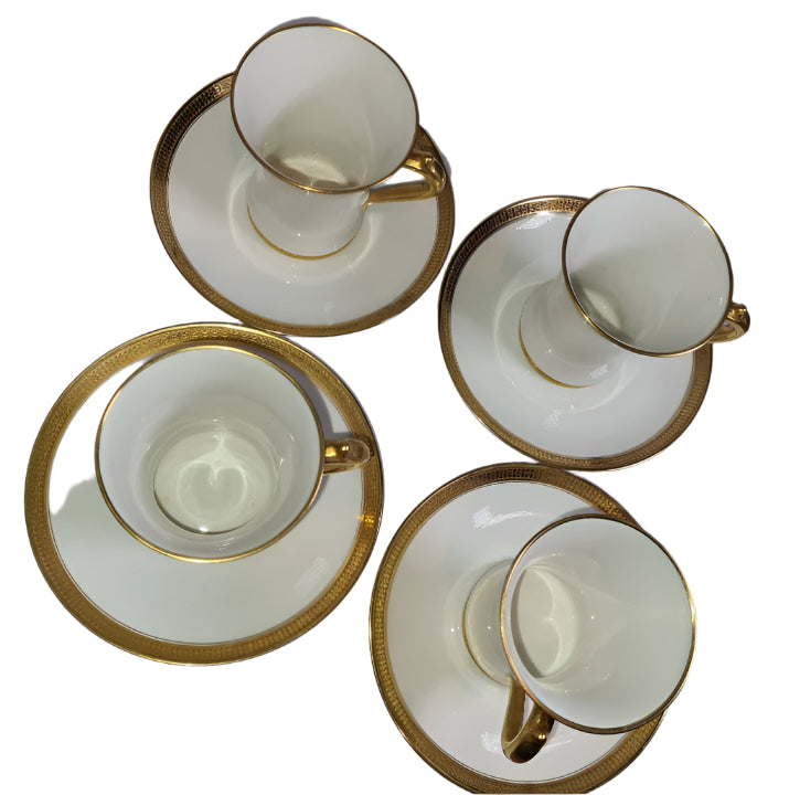 Elegant GDA France - CH Field Haviland Limoges Four Demitasse Cups and Saucers with Gold Trim, c. 1990