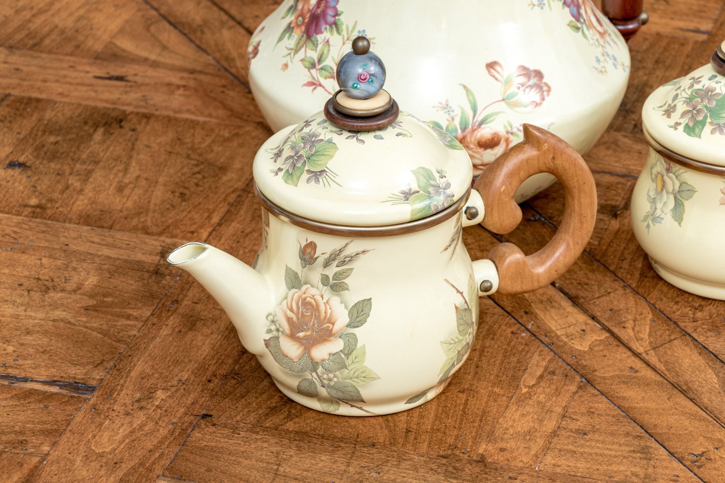 Vintage Three Piece Mackenzie-Childs Enamel Ware Tea And Coffee Set