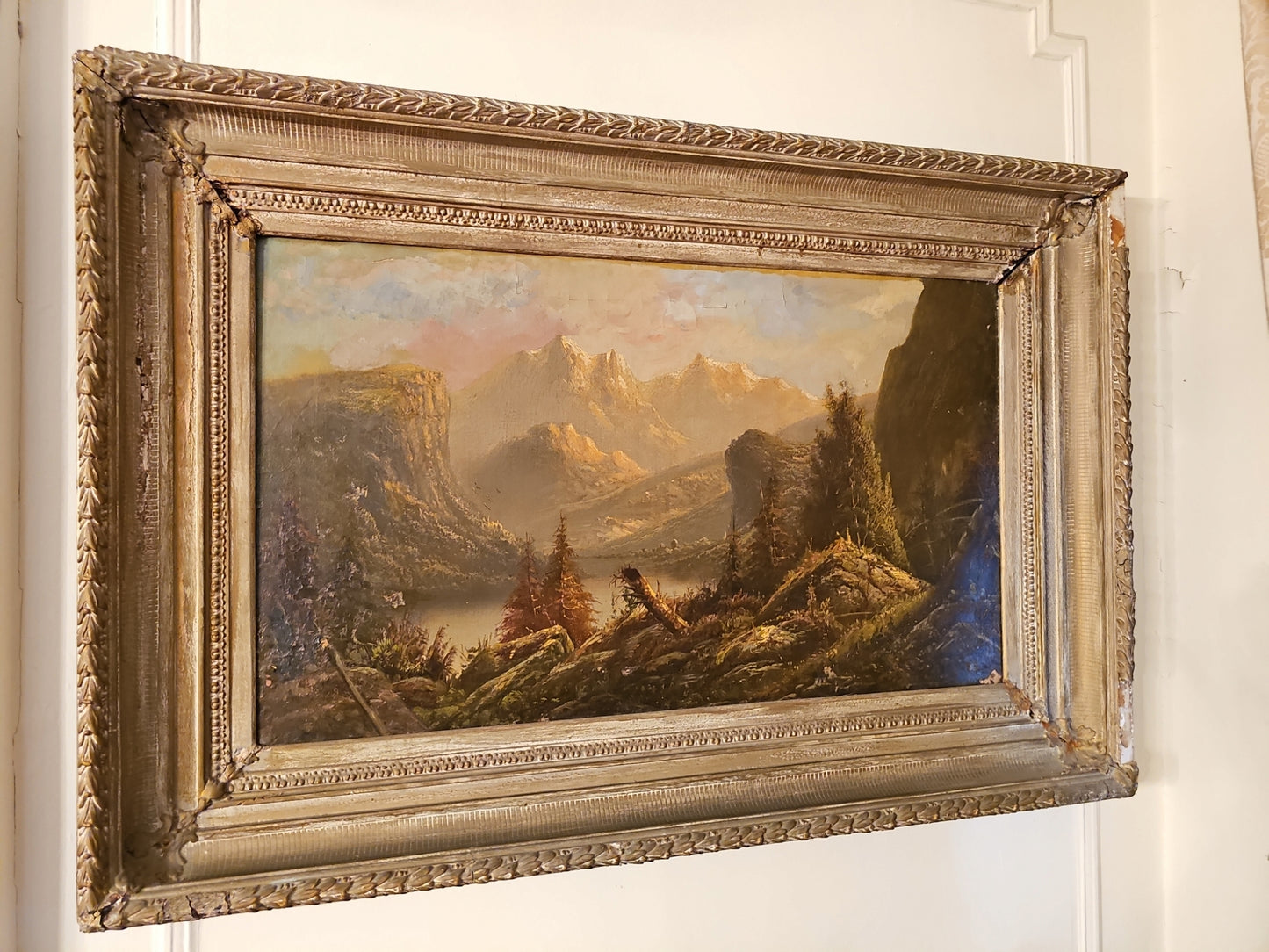 Very Large Antique Mountain Landscape Painting, Oil on Canvas, c. 1900, Antique Frame