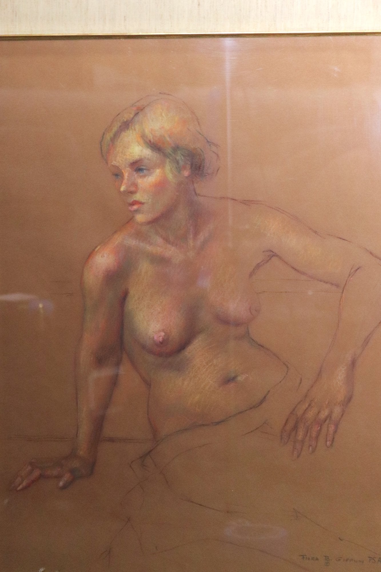 Framed Nude Pastel by Flora B. Giffuni