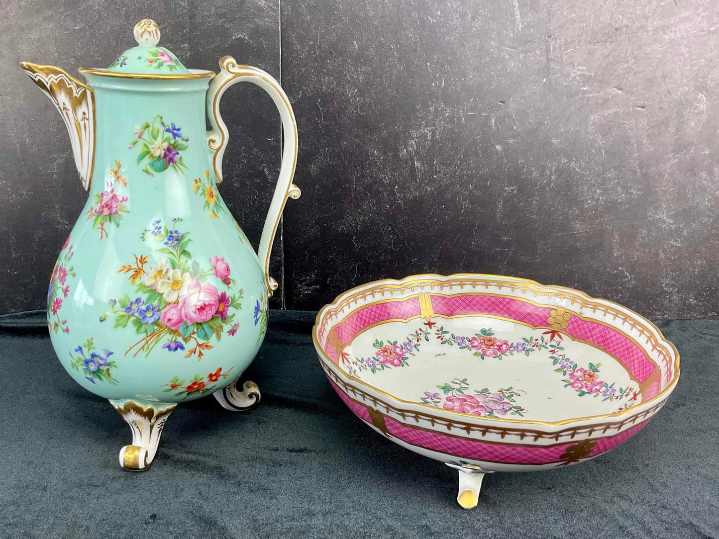 Antique Porcelain de Paris Pink Edme Samson et Cie Floral Footed Bowl & Turquoise Boyer Teapot