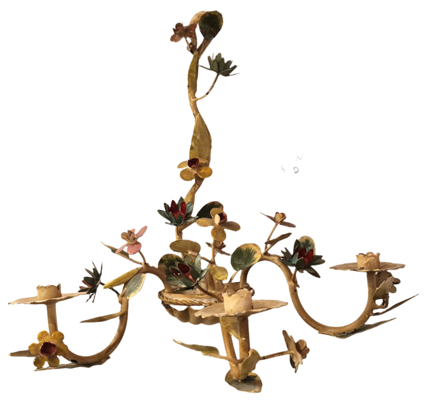 Vintage Italian Tole Painted Flower 3 Candle Wall Sconces