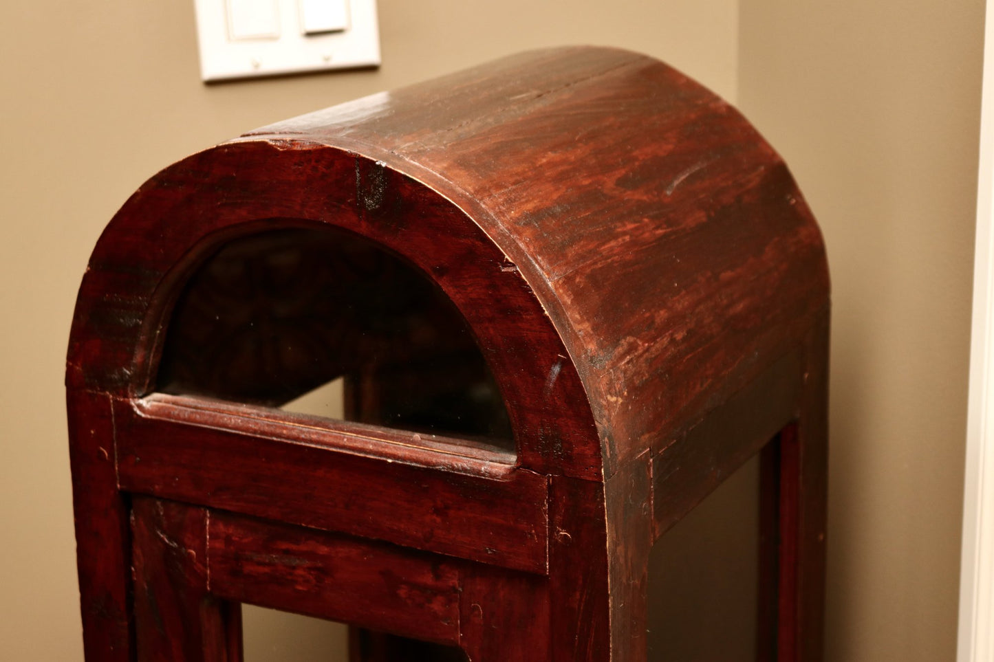 Small Arched Wood Curio Cabinet With Framed Glass And Wood Shelving