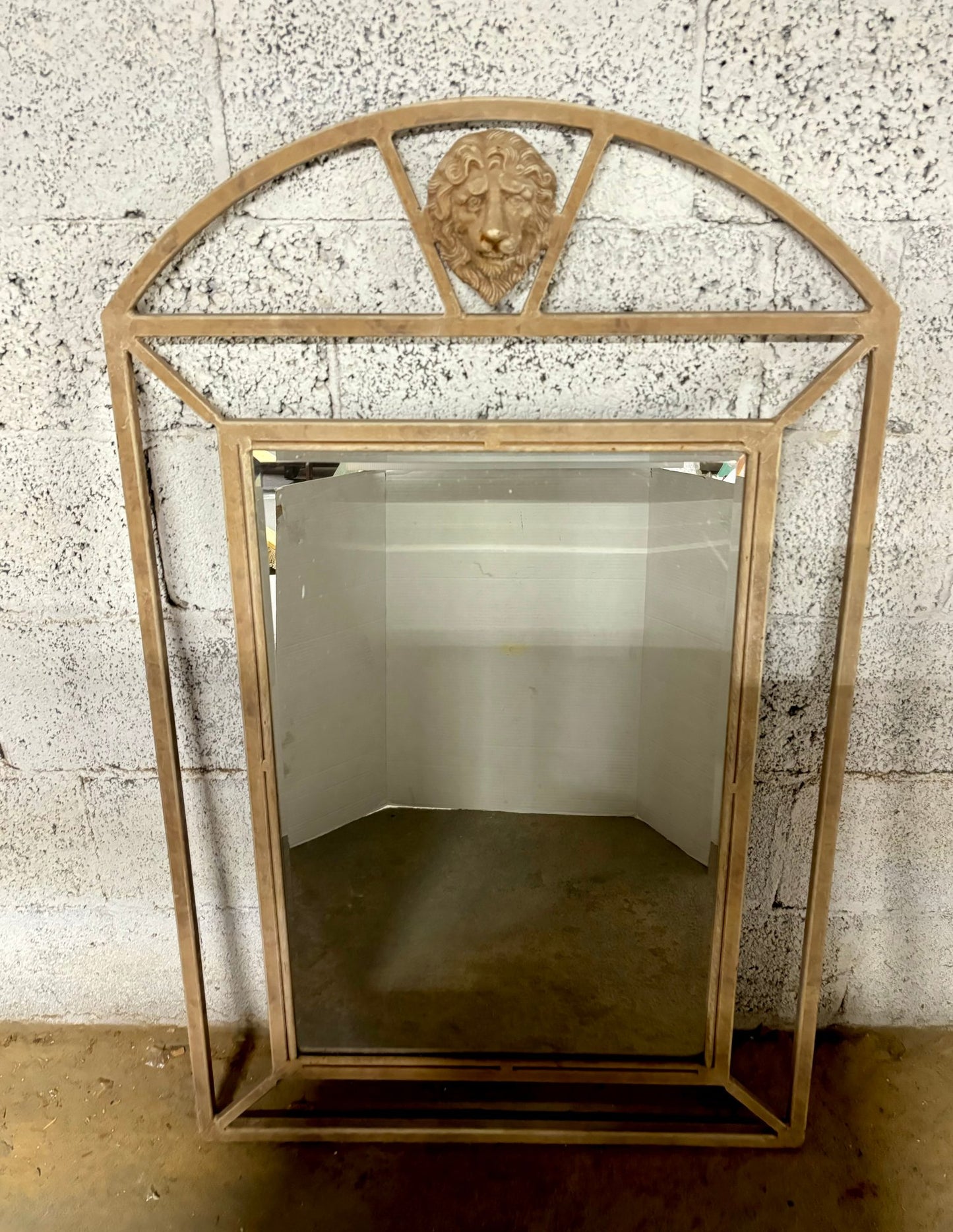 Vintage Arched Mirror With Lion Head Crest On Top, Cast Iron Frame