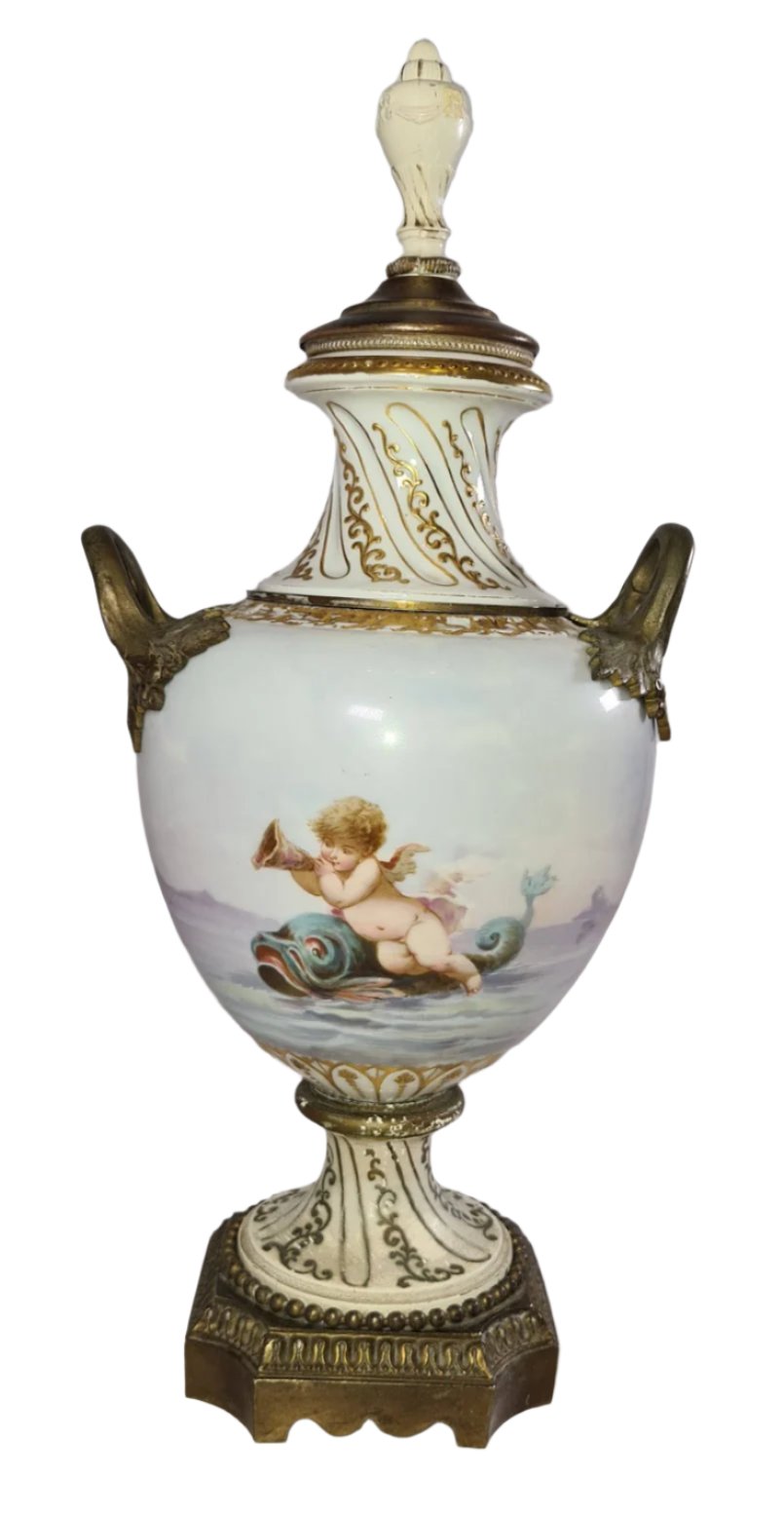 Antique Porcelain Urn with Lid, Brass Stand and Handles