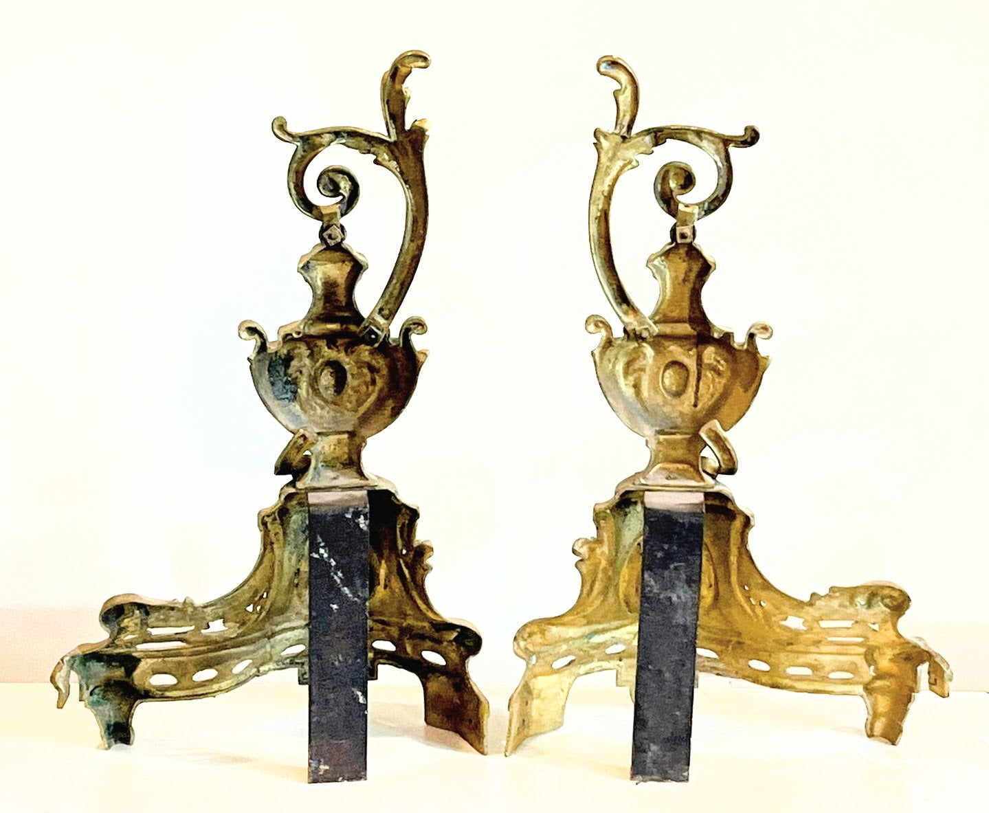 Brass Fireplace Andirons With French Ewer Style Finial Design