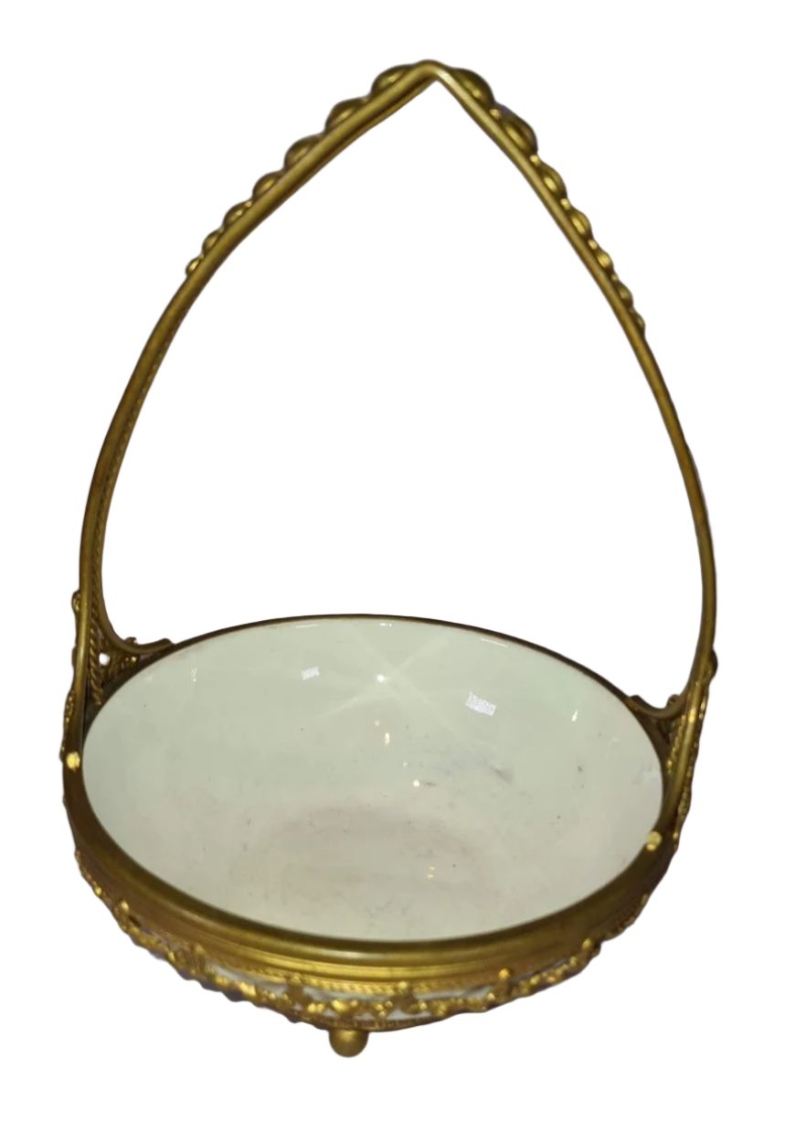 Antique Ornated Glass Basket with Brass Handle/Stand