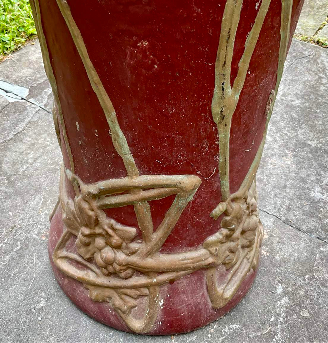 1900s Large Peters & Reed Aztec Red and Gold Ceramic Umbrella Stand, Signed