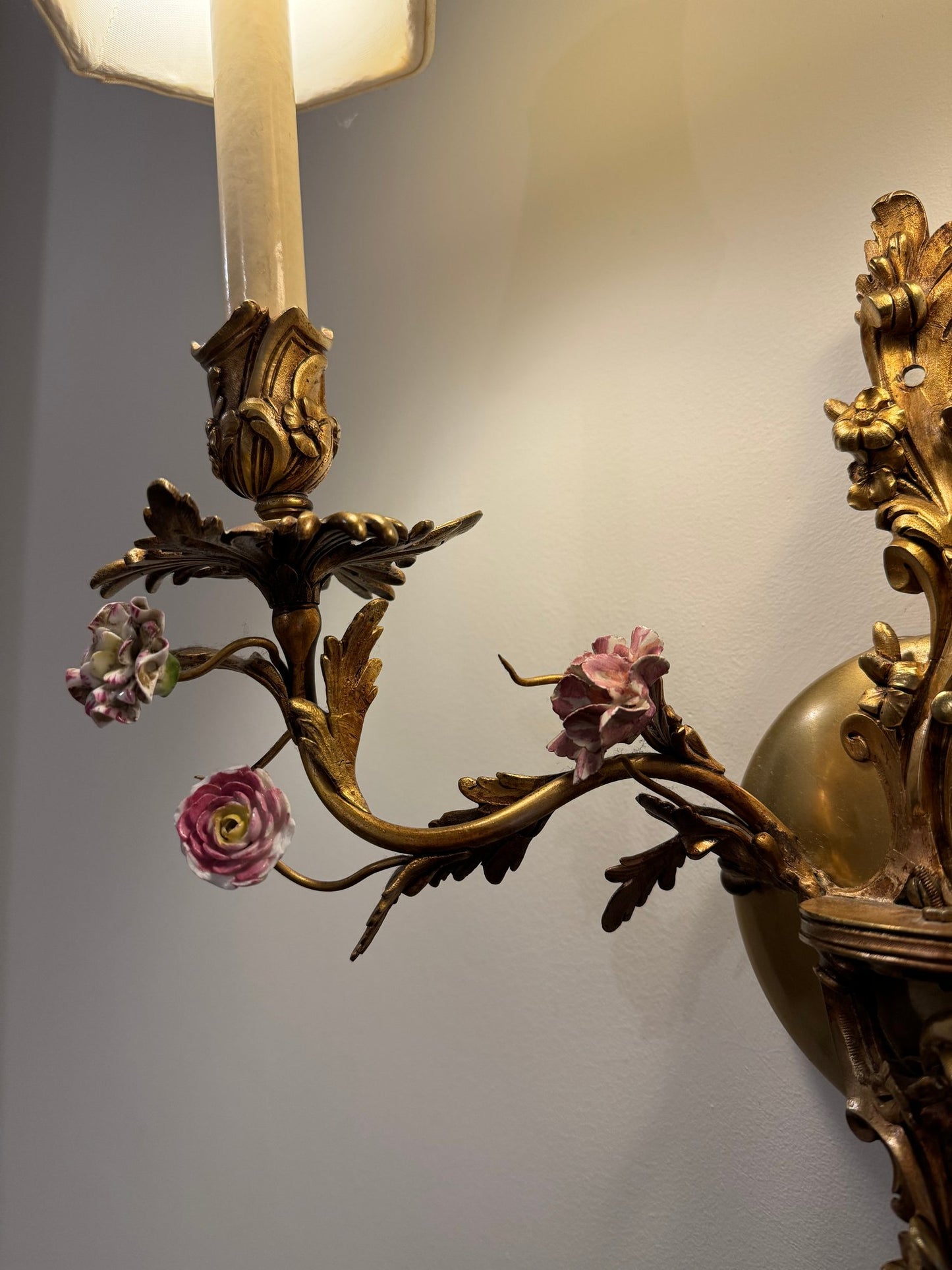 Spectacular French Style Two Light Brass And Porcelain Wall Sconce