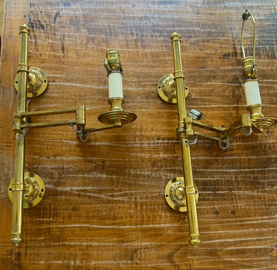 Fantastic Extendable Brass Wall Sconces - With Brass Wall Plates & Wooden Plate Covers - Possible Maison Jansen Swing Arm Sconces