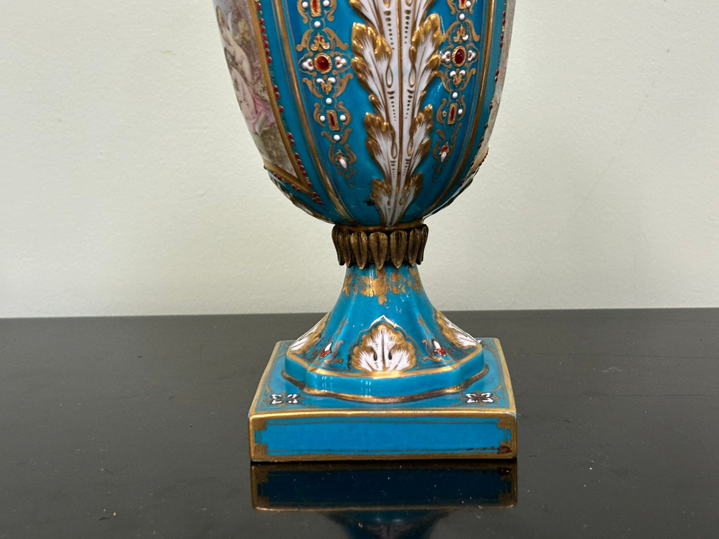 Very Rare Stunning French Sevres Lidded Urn In Gilt And Enamelled Turquoise Porcelain, 1900's