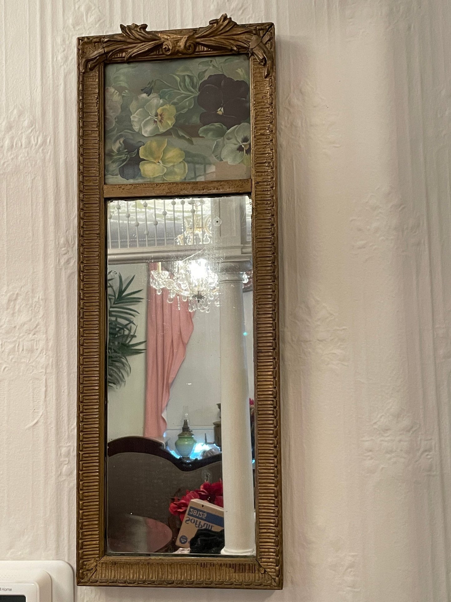 Antique Decorative Mirror With Hand Painted Top Panel.