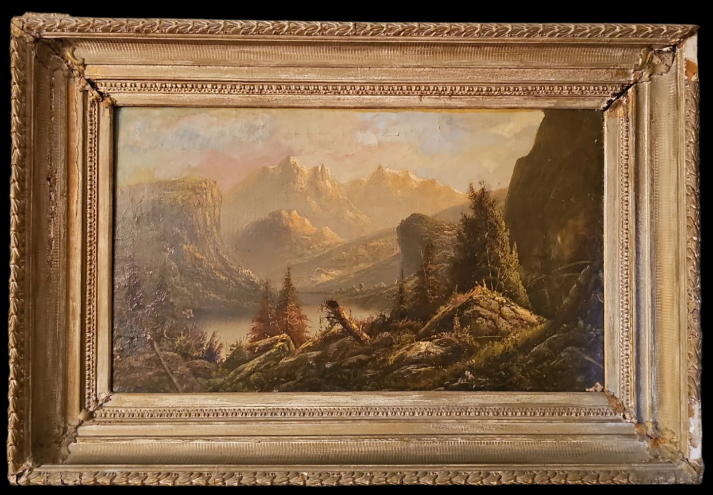 Very Large Antique Mountain Landscape Painting, Oil on Canvas, c. 1900, Antique Frame