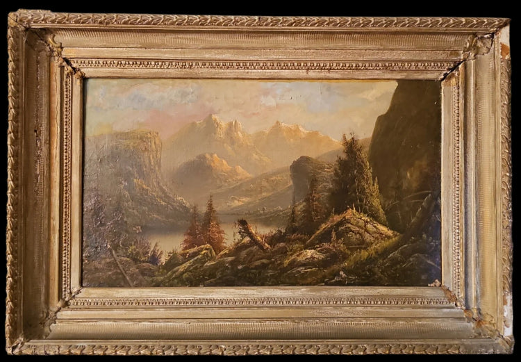 Very Large Antique Mountain Landscape Painting, Oil on Canvas, c. 1900, Antique Frame