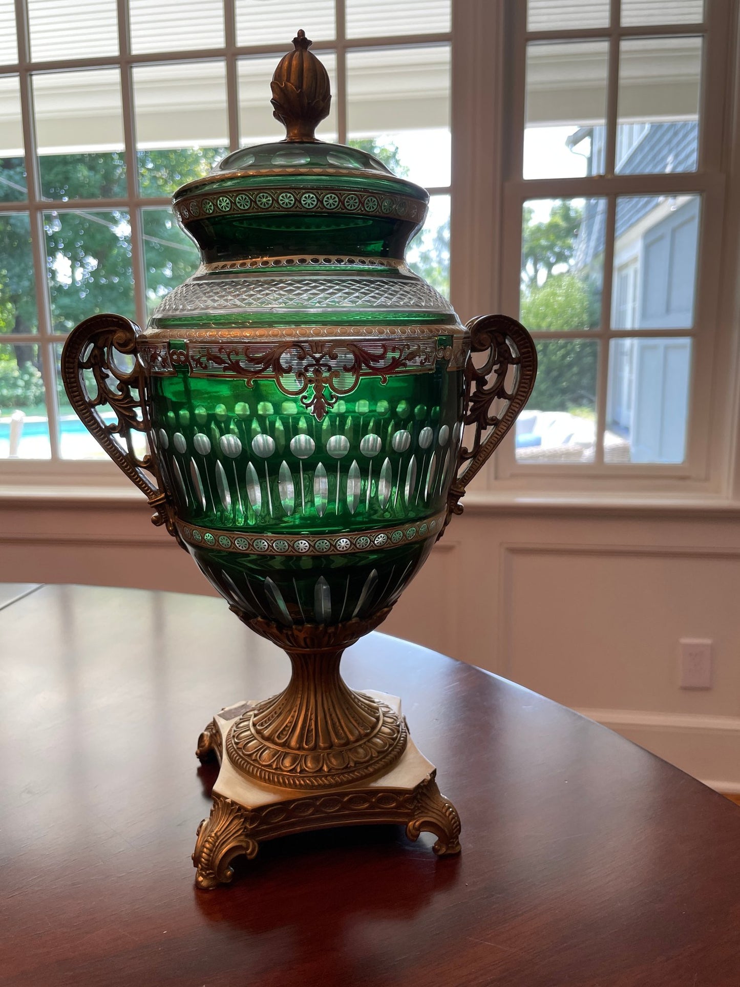 Antique Bohemian Cut Green Glass Covered Urn with Gilted Brass Handles and Stand