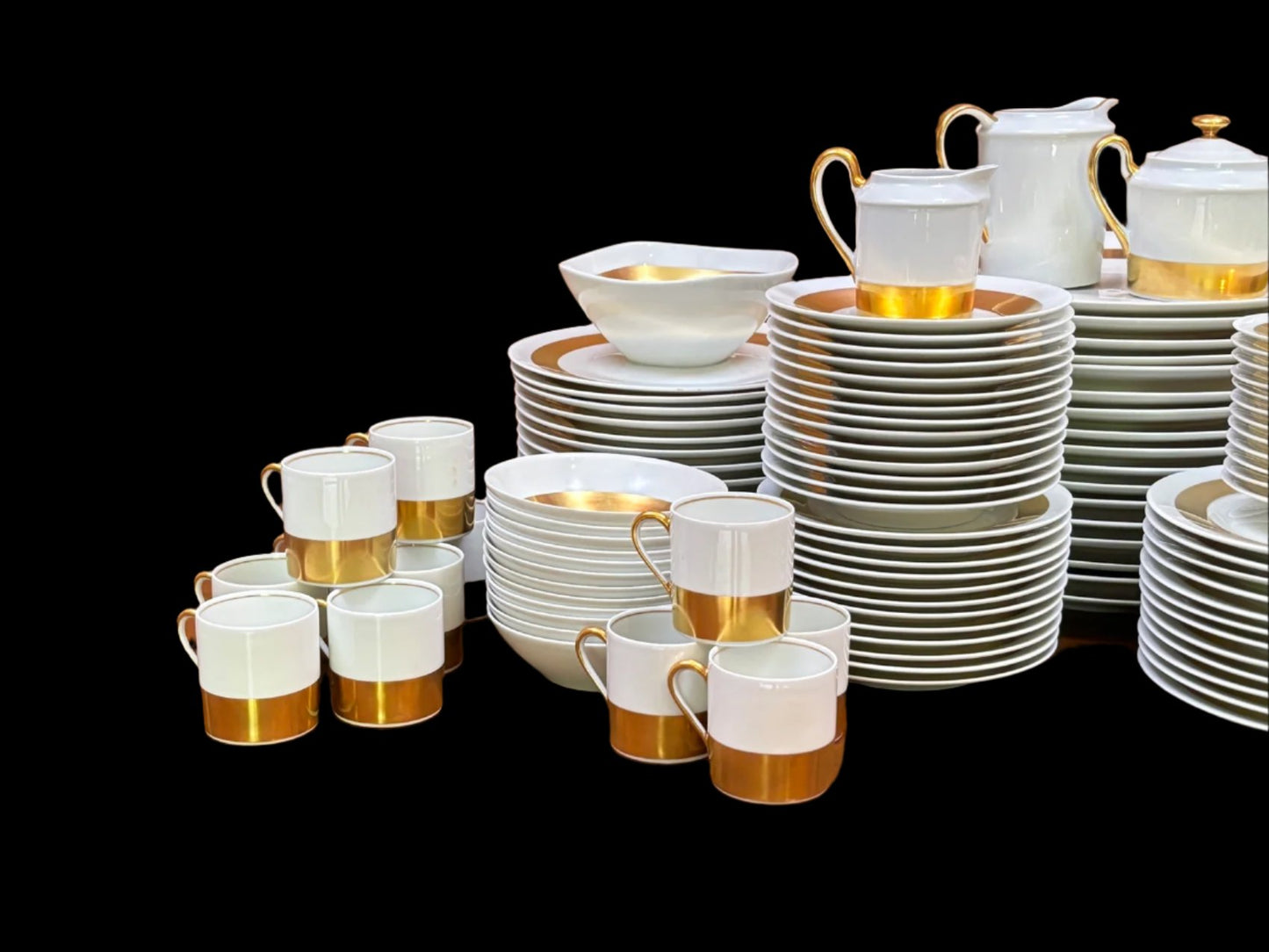 Rare Extraordinary Gilt Banded Dinner Service For 12 Plus Many Extra Pieces, Ceralene By A Raynaud & Co Limoges, France