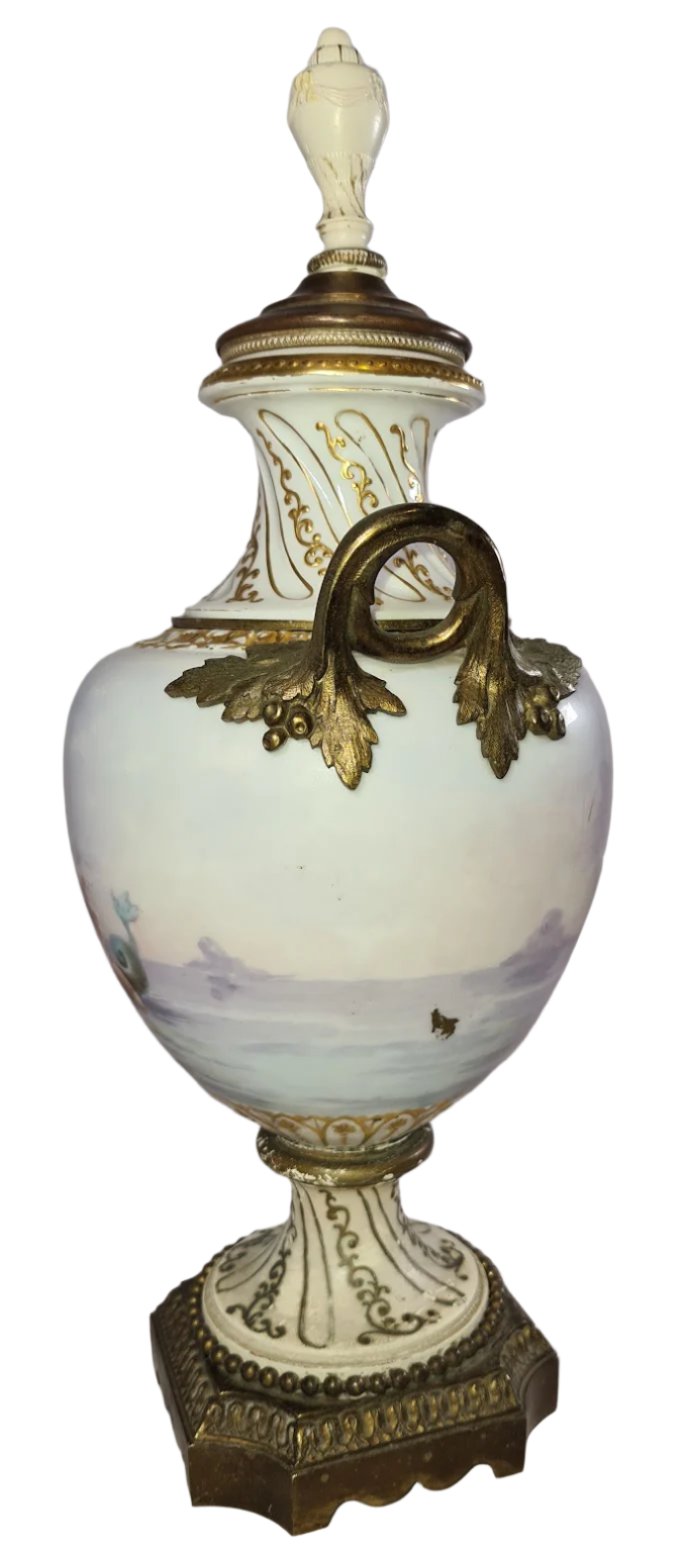 Antique Porcelain Urn with Lid, Brass Stand and Handles
