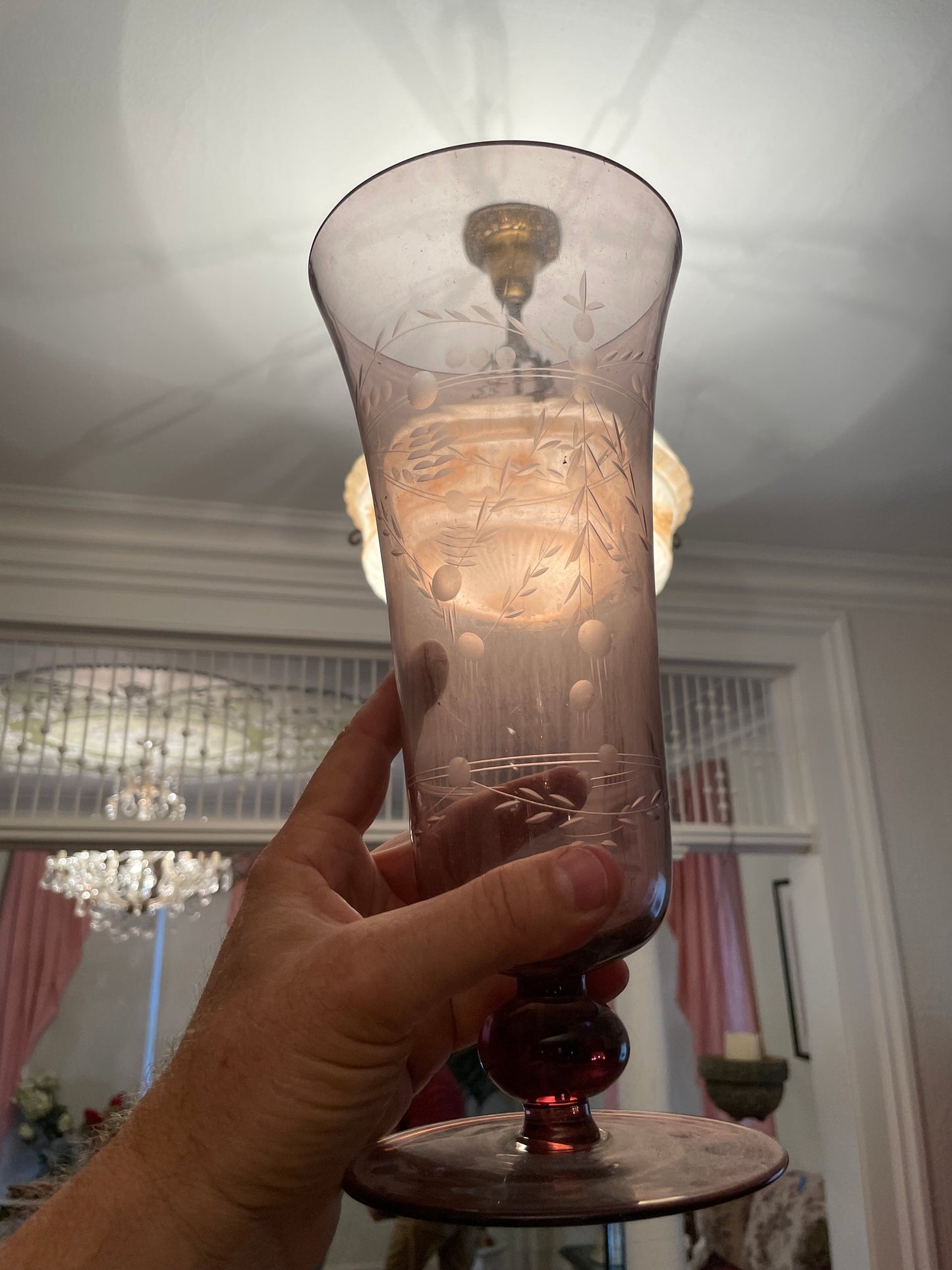 Vintage Light Purple Etched Glass Vase.