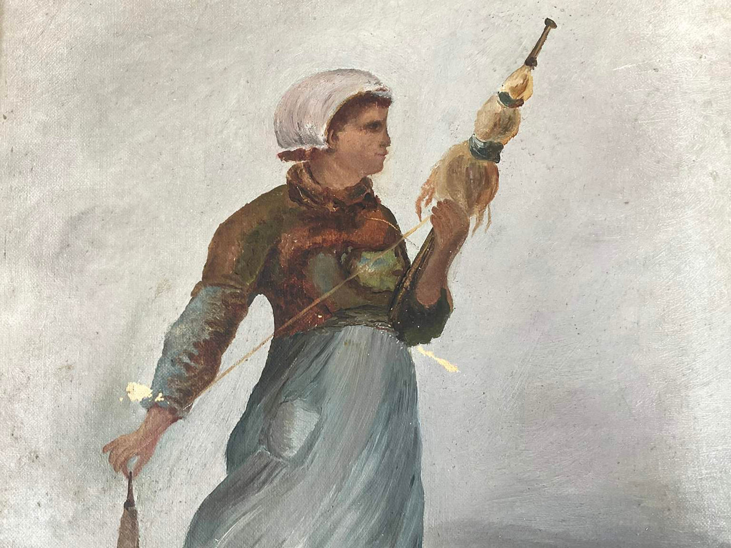Antique and Rare Acadian Woman Spinning Yarn, Oil on Canvas, c. 1895