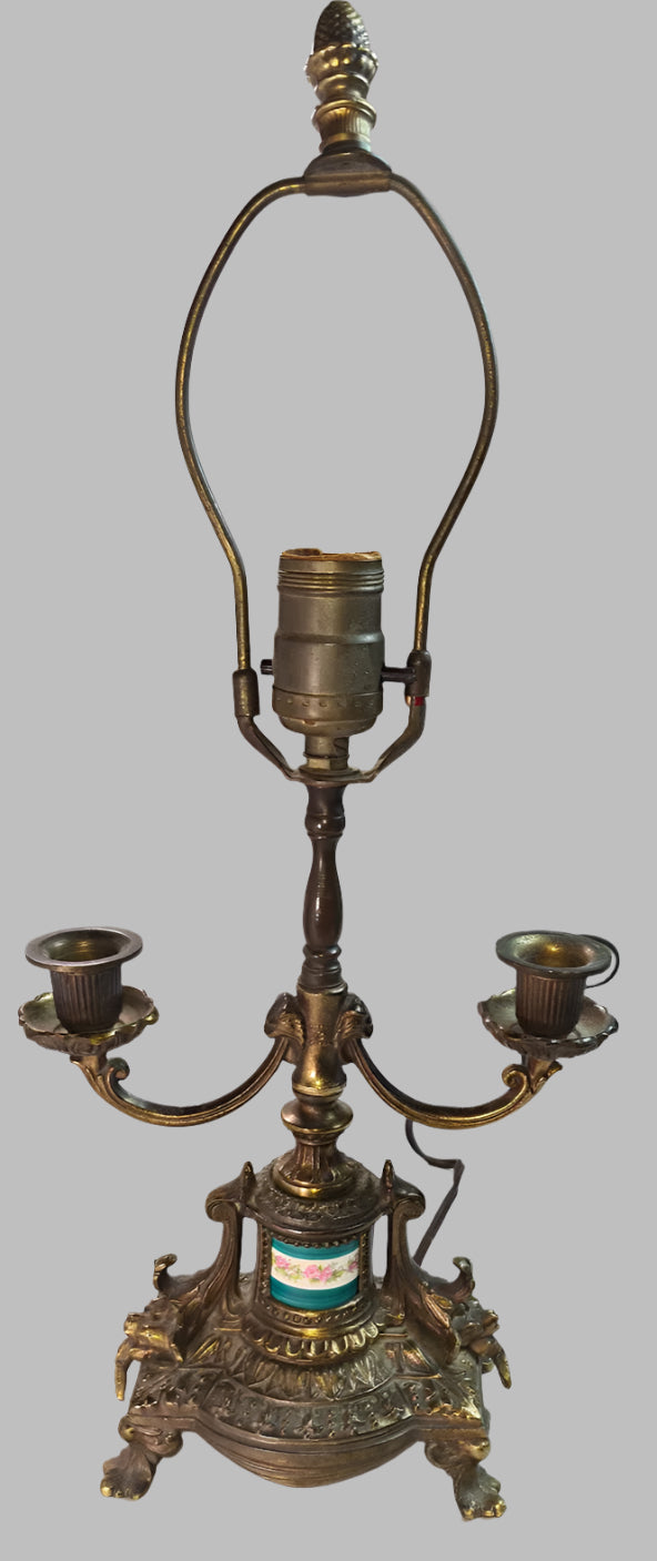 Antique Beautifully Ornate Brass Candelabra Lamp with hand painted porcelain detail.