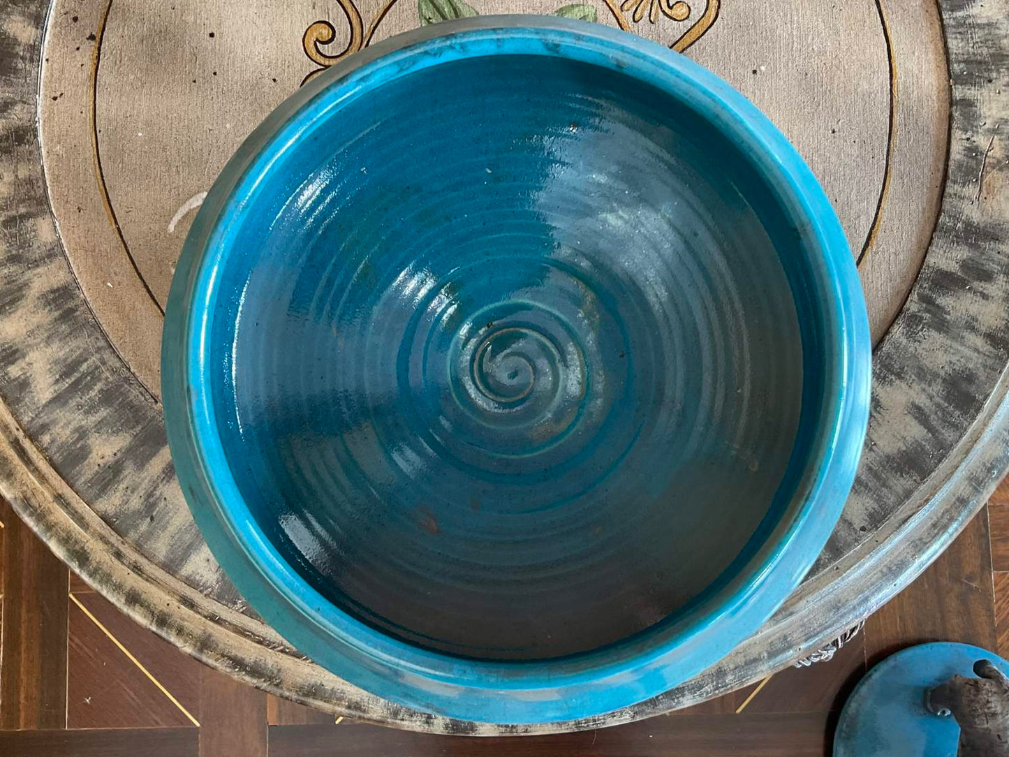 Ceramic Bison Bowl with Lid on Stand, Signed
