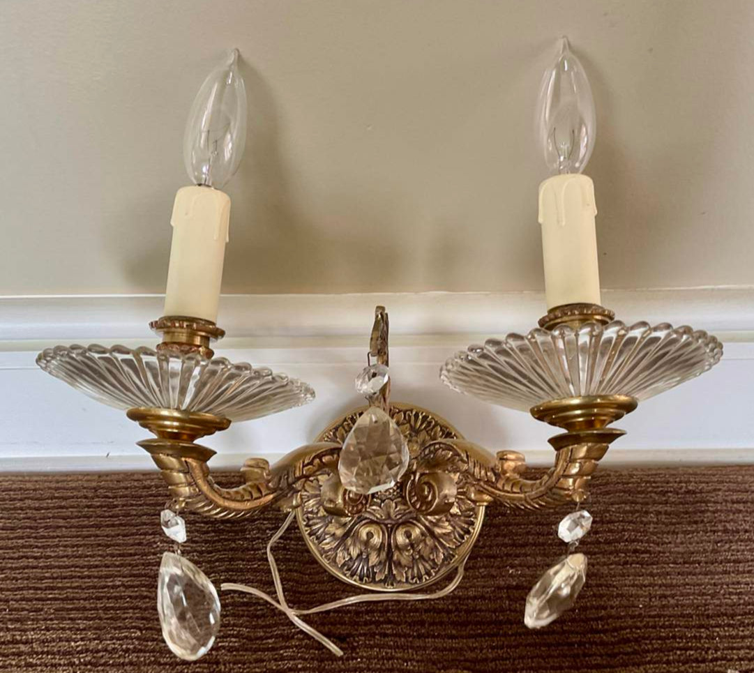 Beautiful Pair of Vintage Portuguese Brass and Crystal Wall Sconces