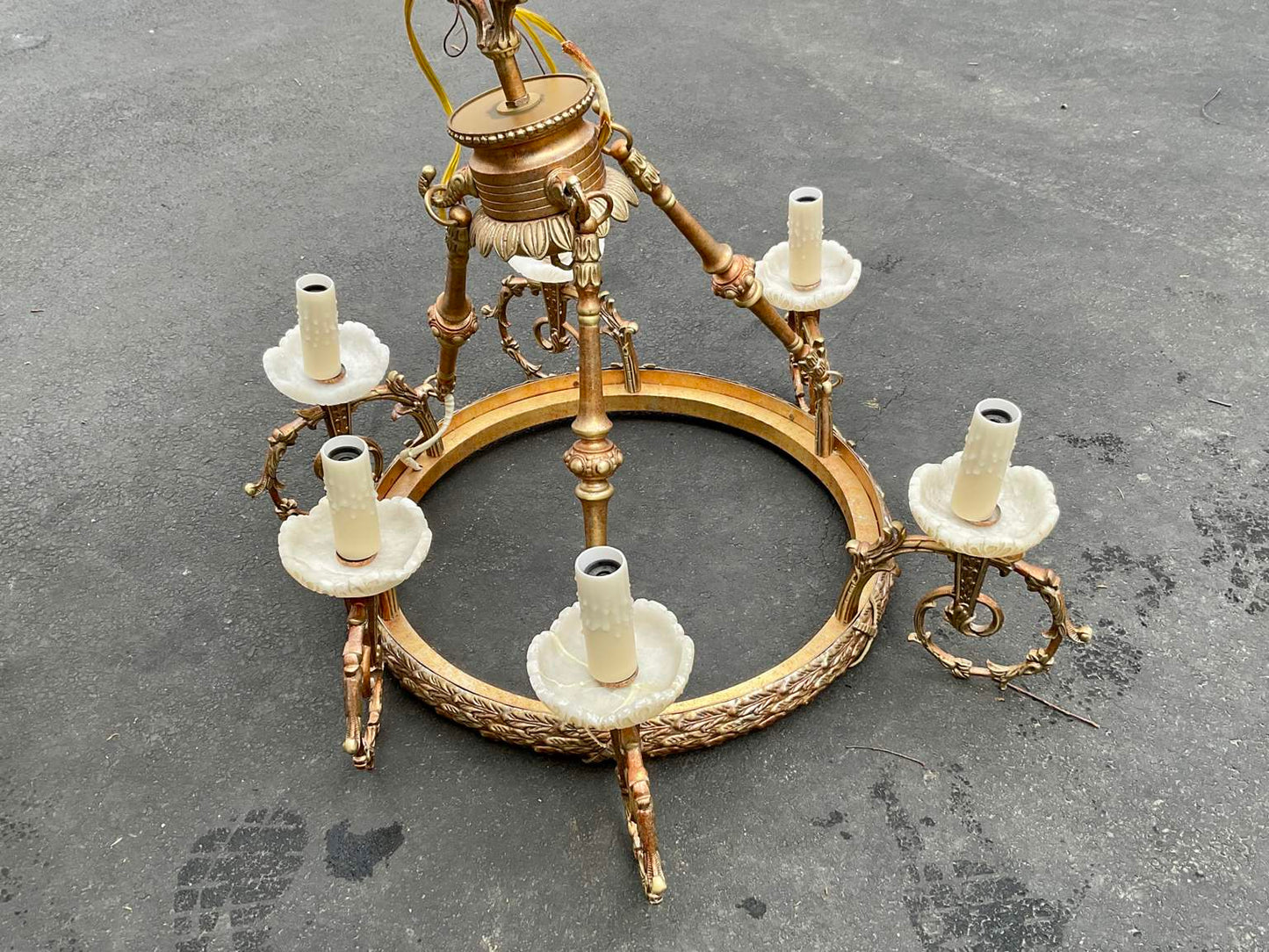 Spectacular Vintage 6 Arm Gilded Metal & Alabaster Chandelier