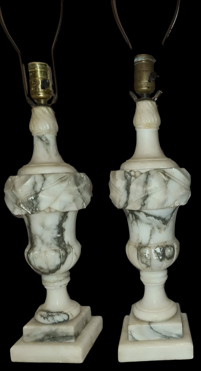 Pair of Antique Italian Neoclassical Carrara Alabaster Marble Lamp