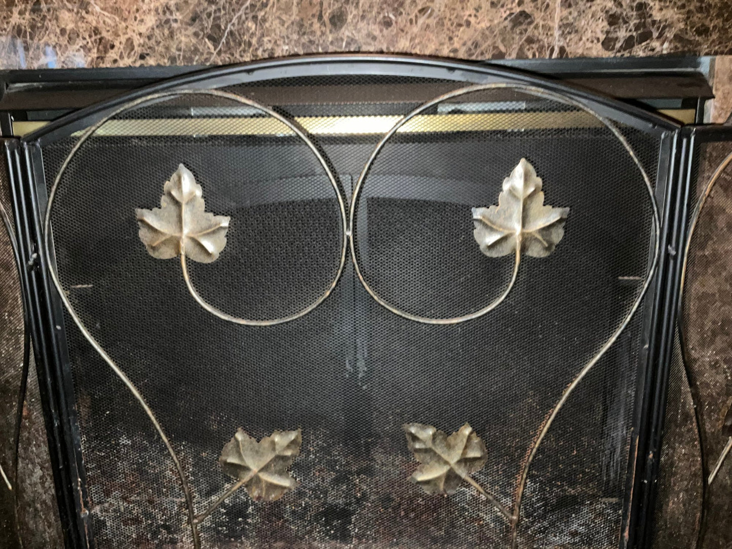 Beautiful Fireplace Screen, Black with Brass Flower Decorations 49"x33"