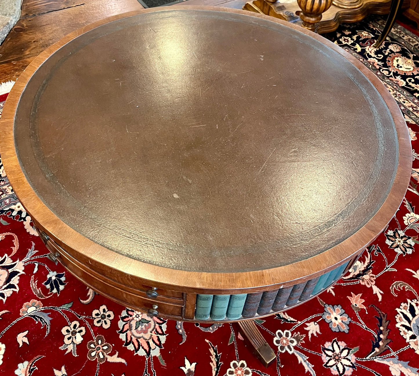 Sheraton Style Revolving Leather Topped Drum Table With Faux Books & Brass Casters