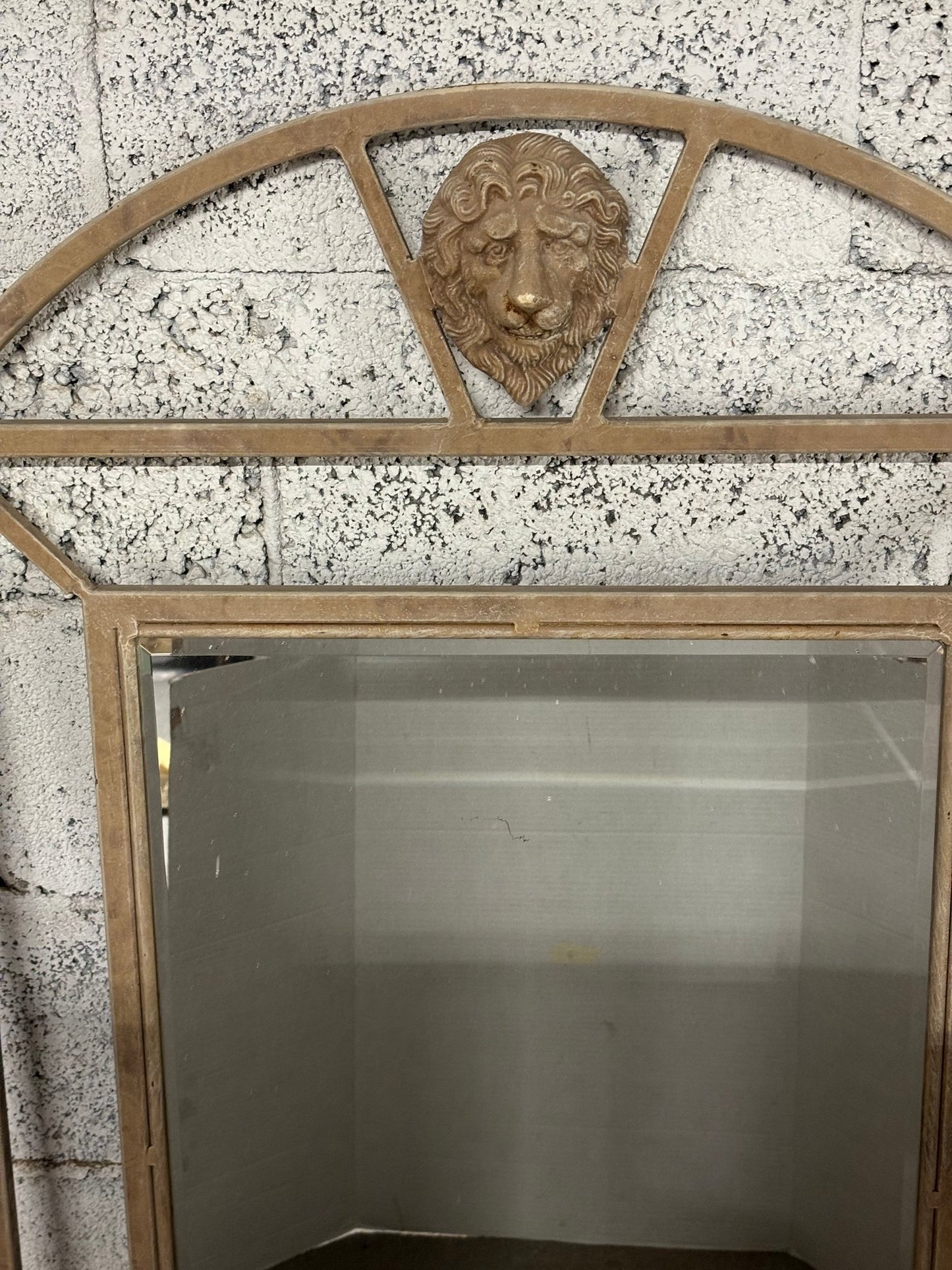 Vintage Arched Mirror With Lion Head Crest On Top, Cast Iron Frame
