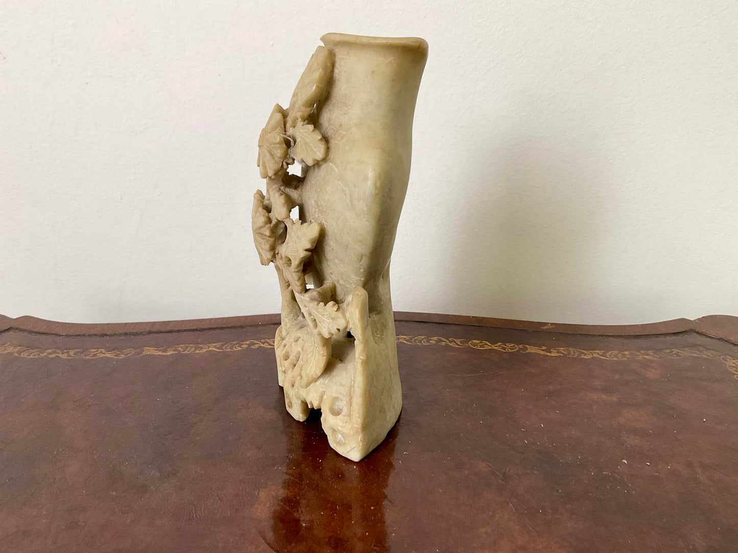 Vintage Hand Carved Soap stone vase with floral detail.