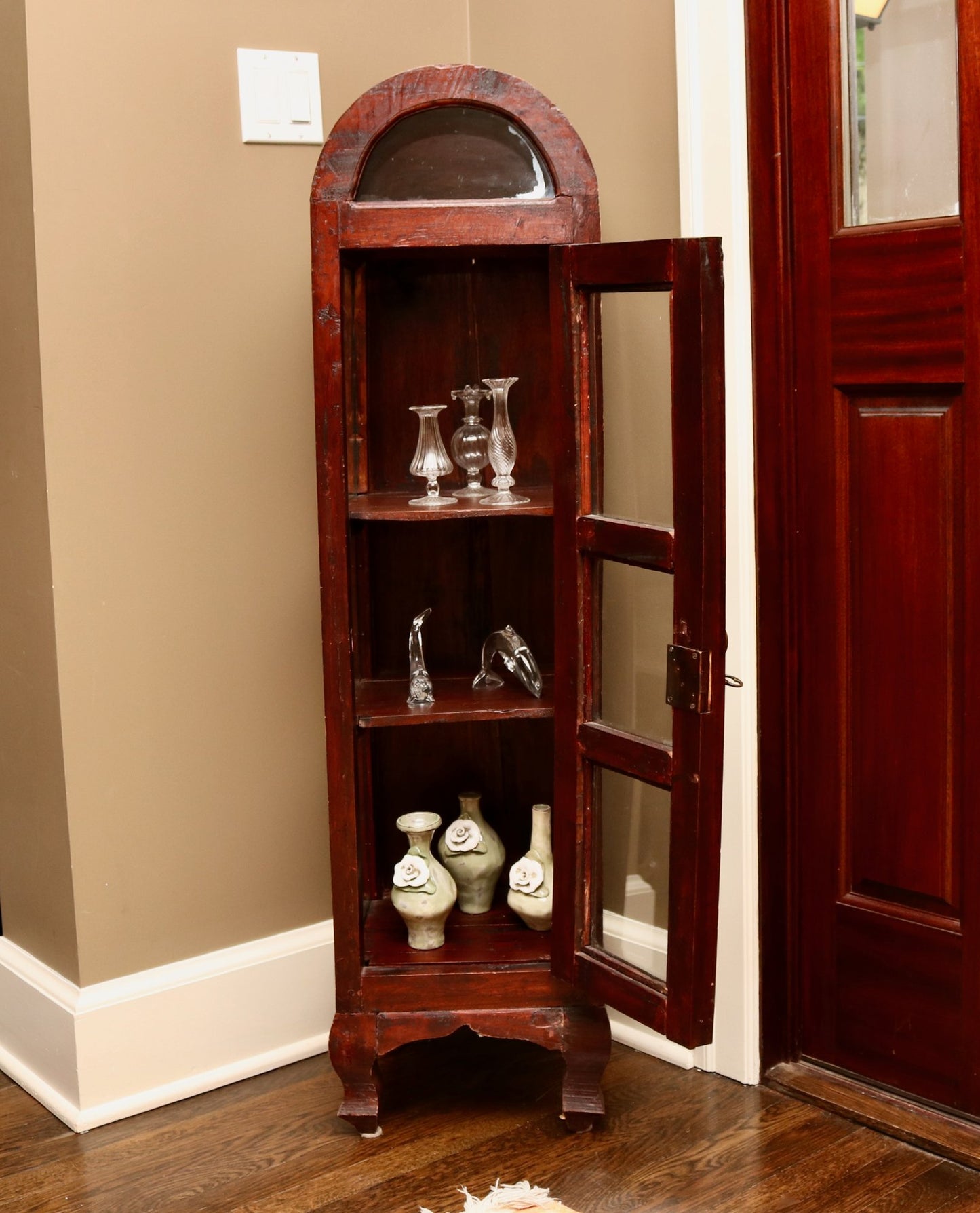 Small Arched Wood Curio Cabinet With Framed Glass And Wood Shelving