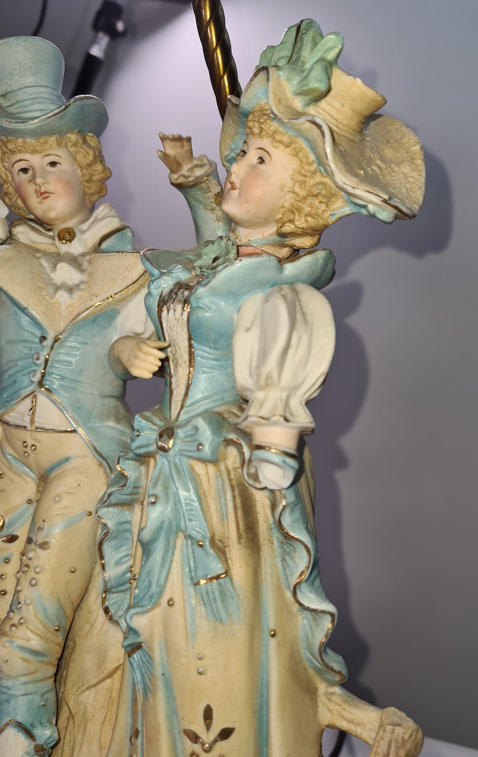Antique Victorian Porcelain Couple Hand Painted Figural Table Lamp Brass Base