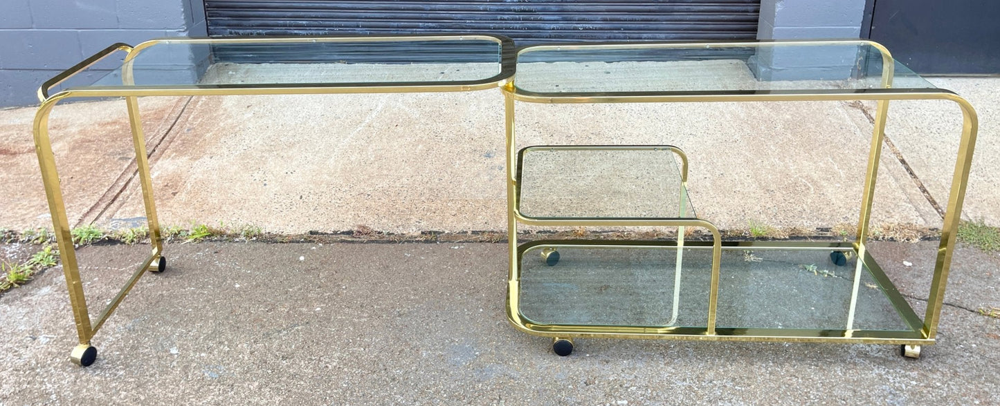 Vintage Milo Baughman Brass And Glass Expandable Bar Tea serving Cart for DIA