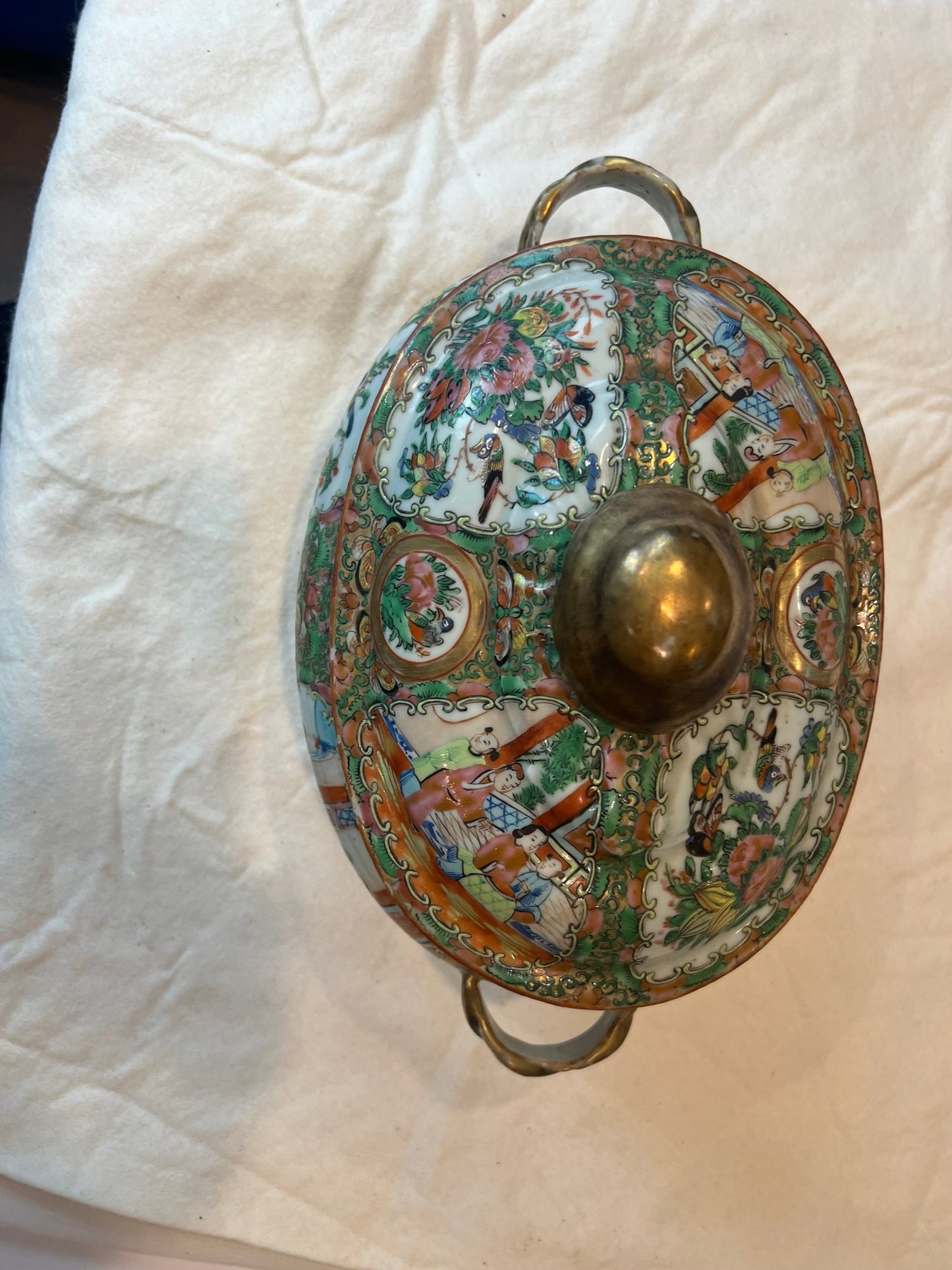 Antique Rare Rose Medallion Covered Tureen - Mushroom Top Finial & Woven Handles - Gilt Detailing