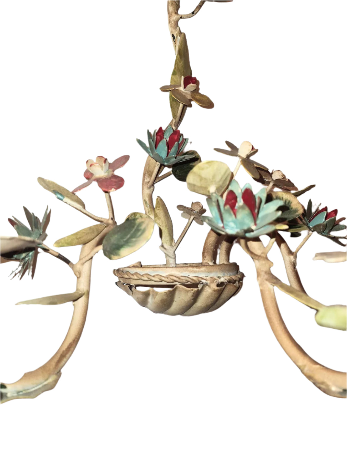 Vintage Italian Tole Painted Flower 3 Candle Wall Sconces