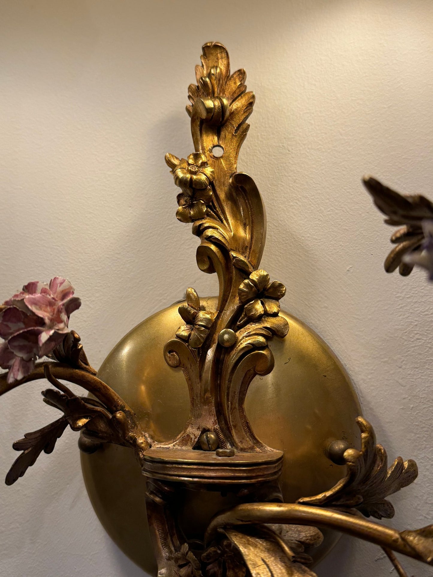 Spectacular French Style Two Light Brass And Porcelain Wall Sconce