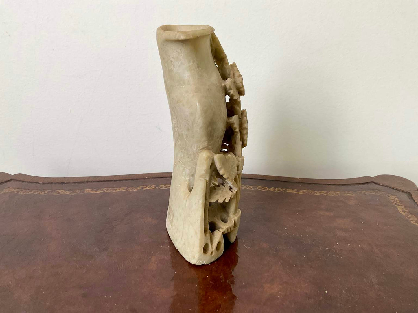 Vintage Hand Carved Soap stone vase with floral detail.
