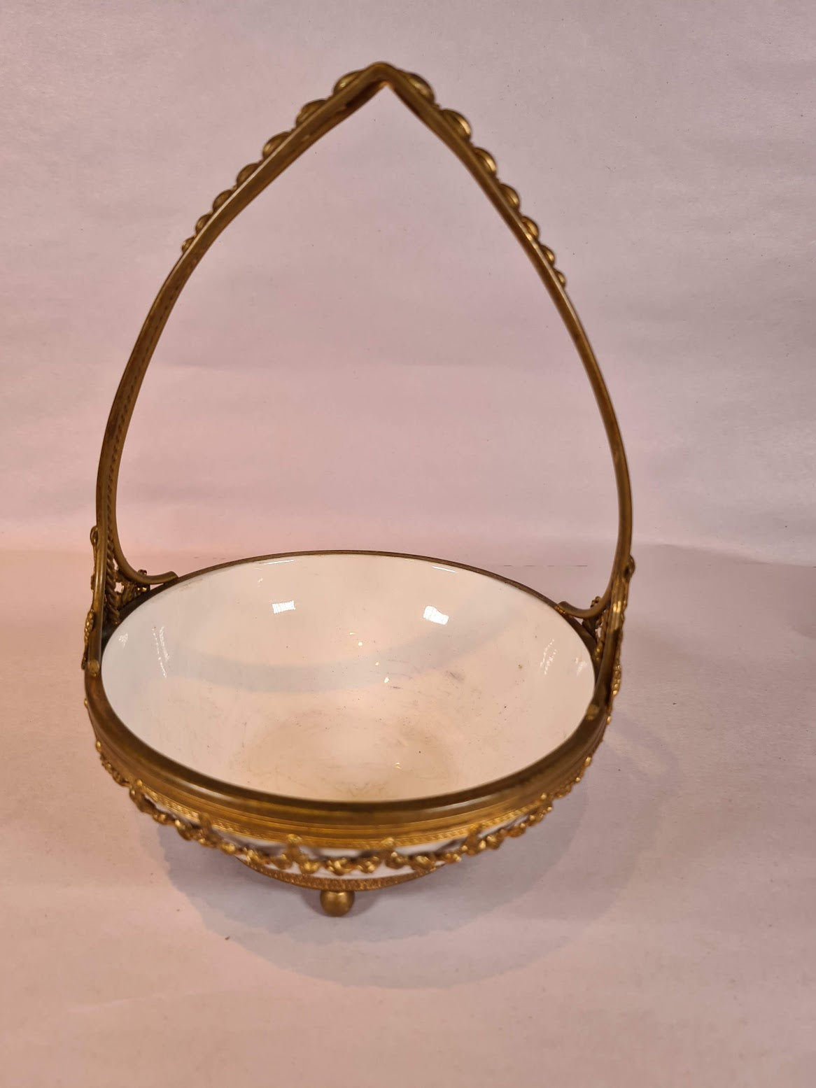 Antique Ornated Glass Basket with Brass Handle/Stand
