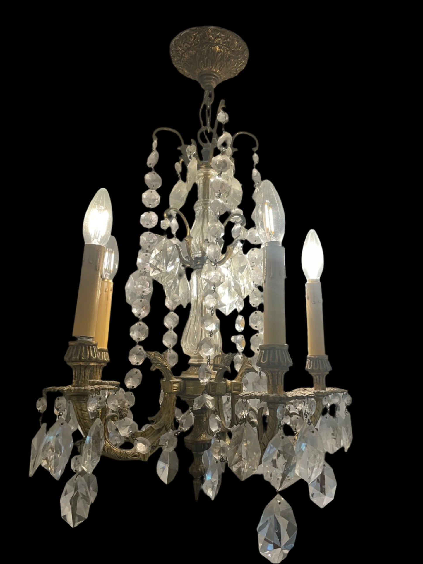 Antique Four Arms, Guilted Brass And Crystals French Style Chandelier