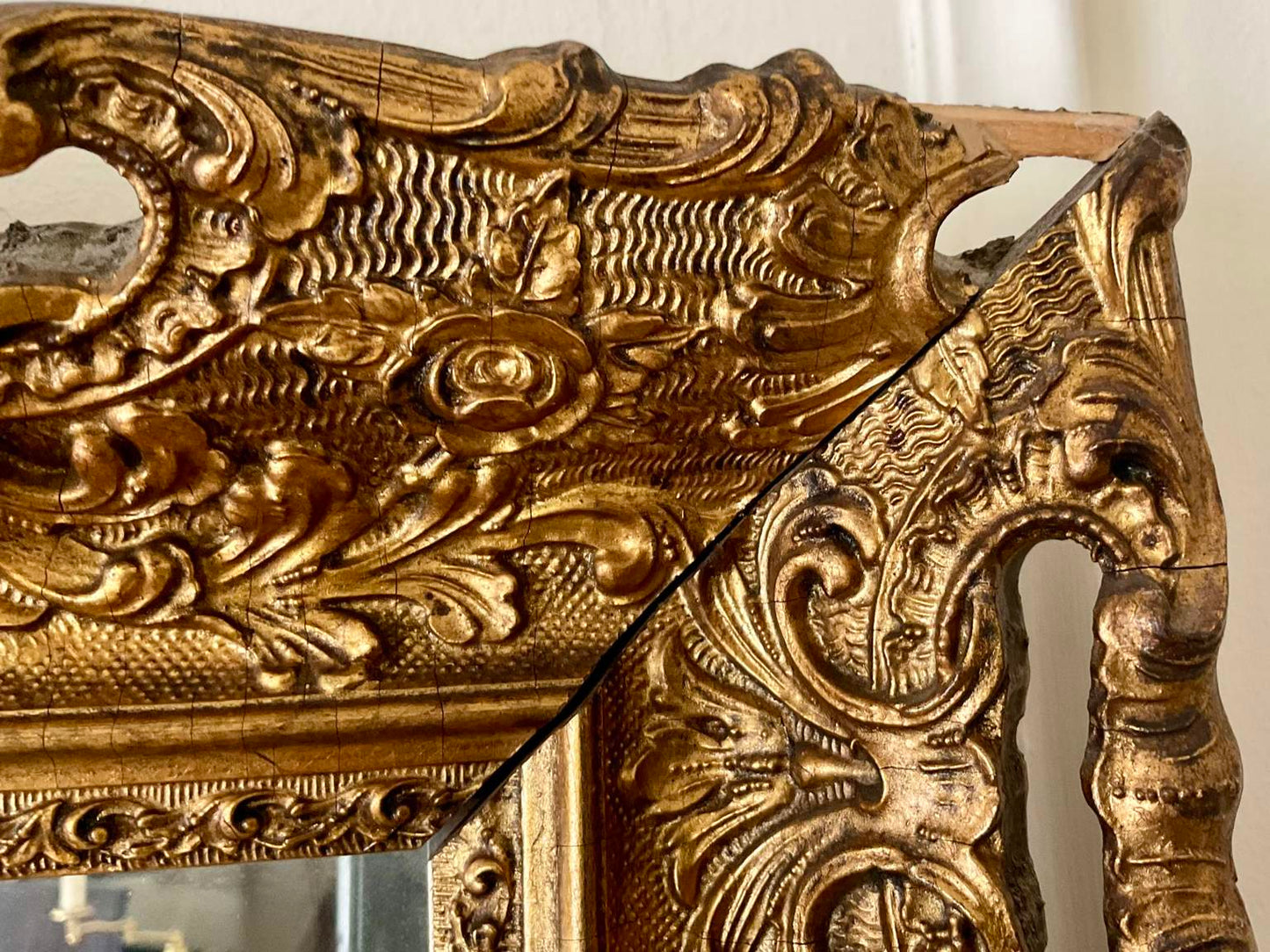 Unique Vintage Gilded Rectangular Mirror with carved wooden frame