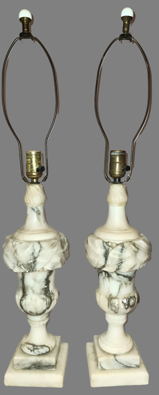 Pair of Antique Italian Neoclassical Carrara Alabaster Marble Lamp